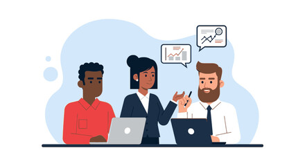 Diverse business team collaborating on a project, analyzing data, and strategizing for growth. Concept of teamwork, communication, and financial planning in a modern office.