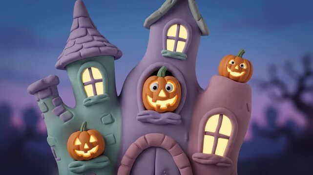 Pastel clay haunted house gently wiggles and crooked windows reveal curious pumpkin faces popping up like animated characters