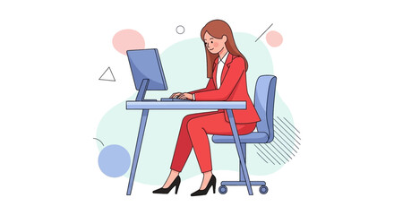 Fototapeta premium Professional woman in a red suit working diligently on a desktop computer, embodying office productivity and modern business operations.