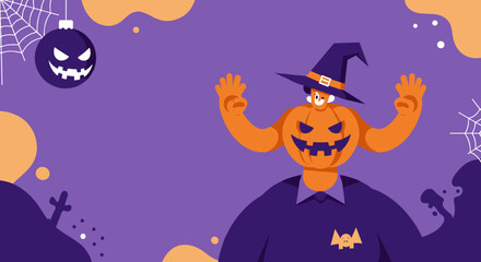 Fun Halloween illustration featuring a friendly pumpkin character in a witch's hat, surrounded by spooky decorations like spiderwebs and a jack-o'-lantern ornament, perfect for seasonal promotions.