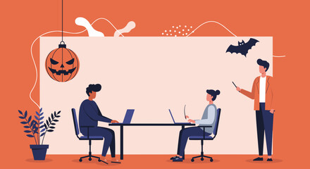 Business team collaborating in a festive office, decorated for Halloween. Ideal for seasonal marketing, company culture, or holiday work concepts.