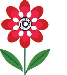 Vibrant red flower with green leaves and detailed center isolated on simple floral element