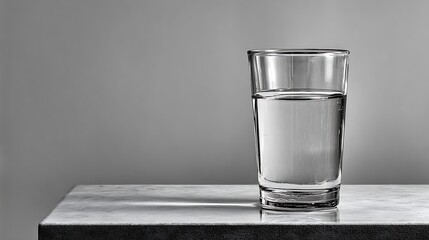 Clear water glass on modern minimalist desk with white blank wall background, simple lifestyle hydration concept, clean composition with empty copy space for text.