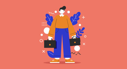 Modern flat illustration of a professional person holding two briefcases, symbolizing career paths, job opportunities, and business decisions.