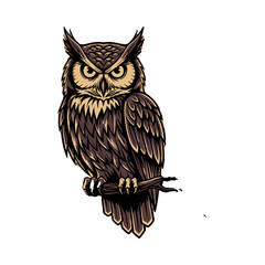 Vintage Style Owl Perched on a Branch.