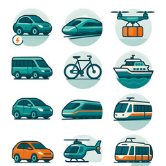 Illustrated collection various transportation methods including cars, trains, bicycles, boats, a drone. Perfect travel, logistics, transportation-related projects.
