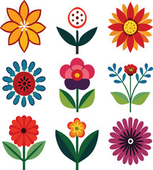 Colorful retro floral art featuring nine unique stylized flowers in a grid layout blooming brightly