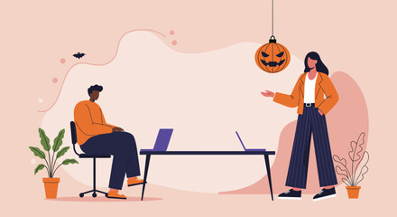 Business colleagues in a modern office featuring Halloween decor, representing seasonal collaboration or festive workplace communication.