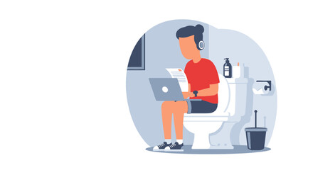 A person works remotely on a laptop while sitting on a toilet, illustrating modern flexible work environments, multitasking, and dedication.