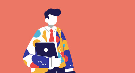 Stylized businessman in a colorful, modern suit holding a laptop, representing creativity, technology, and innovative business solutions. Ideal for corporate, lifestyle, or tech concepts.