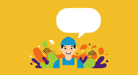 Friendly construction worker wearing a hard hat with a speech bubble for text. Ideal for safety messages, job announcements, or service communication.