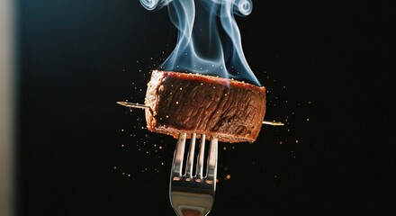 Smoking Hot Steak on Fork Against Dark Background