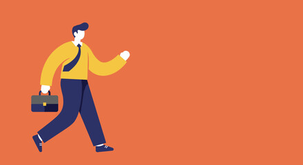 Stylized businessman walks with a briefcase against a vibrant orange background, symbolizing career progression, ambition, and corporate success. Ideal for business and professional concepts.