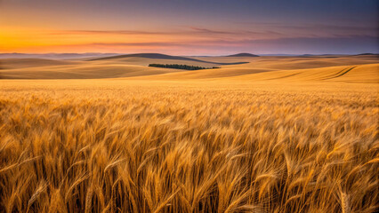 Golden Wheat Field Under A Dramatic Sunset Sky With Rolling Hills harvest agriculture