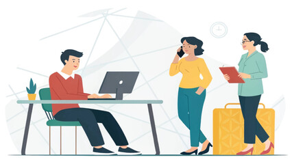 Professional team collaborating in a modern office. Man works at desk, woman on phone, another reviews documents near a suitcase. Represents corporate efficiency and business travel.