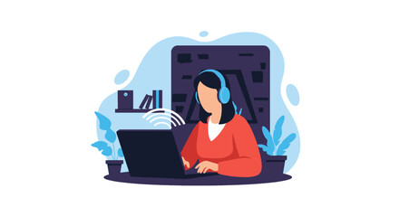 Focused woman in headphones working remotely on laptop, representing online communication, education, and modern digital lifestyle. Ideal for business, tech, or learning concepts.