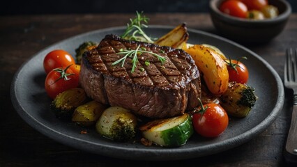 Perfectly Seared Beef Steak with Cross-Hatch Grill Marks, Rosemary, and Colorful Roasted Vegetables on a Rustic Plate.