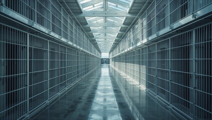 Long symmetrical prison corridor lined featuring barred cells upon both sides, illuminated by natural light from skylights above, reflecting on polished floor within the stark atmosphere