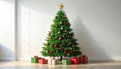 Green colorful Christmas tree with gifts in front of white wall