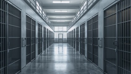 Deserted prison cell block corridor featuring rows of barred doors, polished concrete floor, and bright overhead lighting creating the stark and cold institutional atmosphere