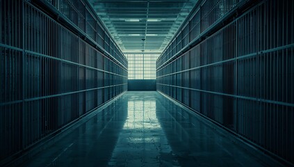 Deserted prison hallway lined featuring barred cells upon both sides, illuminated by dim dusk light through the large window, creating a cold and somber atmosphere with reflections on the floor