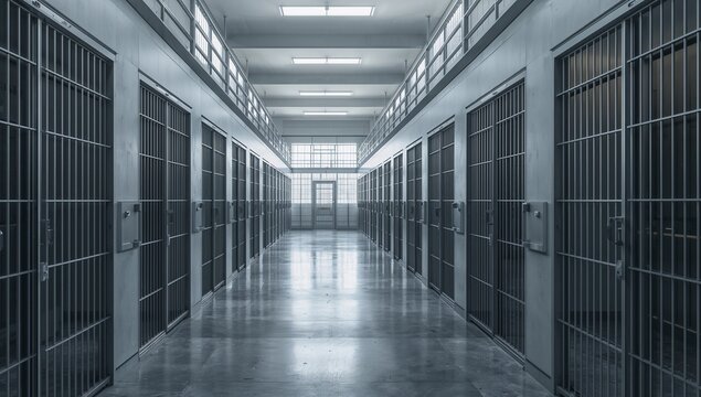 Deserted prison cell block corridor featuring rows of barred doors, polished concrete floor, and bright overhead lighting creating the stark and cold institutional atmosphere
