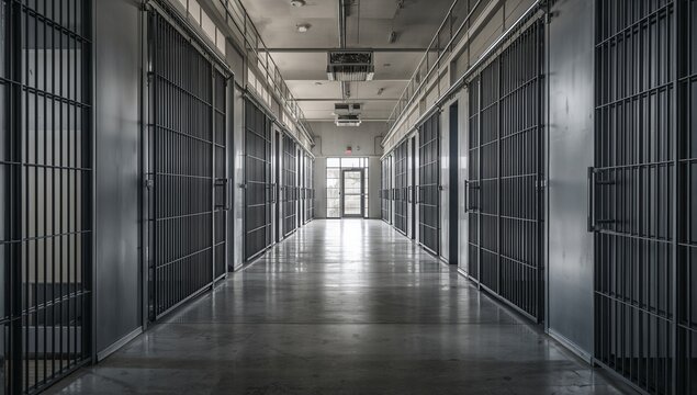 Deserted prison corridor lined featuring barred jail cells upon both sides, illuminated by natural daylight through the distant window, creating a stark and somber atmosphere
