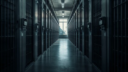 Dark prison hallway lined featuring barred metal cell doors, illuminated by cold fluorescent lights and natural daylight from the window at the far end, creating a stark atmosphere