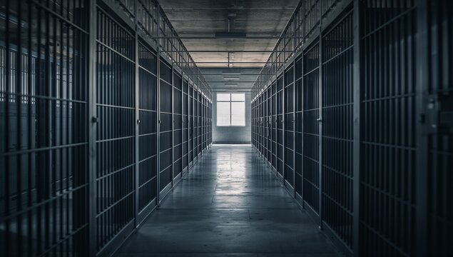Dimly lit prison corridor lined featuring barred jail cells upon both sides, illuminated by natural light from the window at the end, creating a stark and somber atmosphere