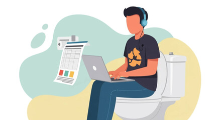 Man working remotely on laptop from a bathroom toilet, wearing headphones. Represents remote work, multitasking, and casual productivity.
