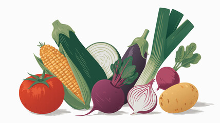 A colorful assortment of fresh vegetables, including tomatoes, corn, zucchini, eggplant, leek, radish, onion, potato, and beet isolated on white background