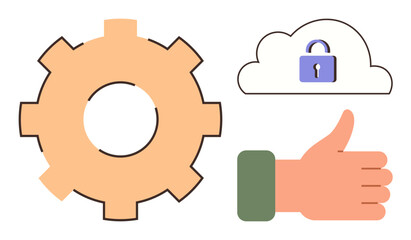 Gear for process, secured cloud with lock for data safety, thumbs-up for approval. Ideal for teamwork, technology, security, innovation, reliability approval process optimization. Simple flat