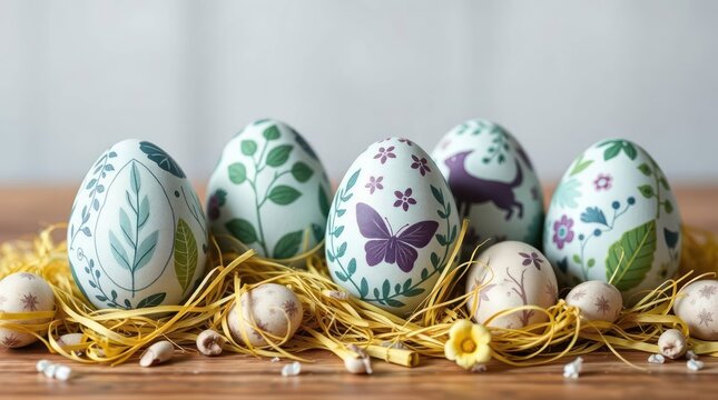 Artistic Easter Eggs with Botanical, Butterfly, and Animal Designs Nestled in Yellow Straw.