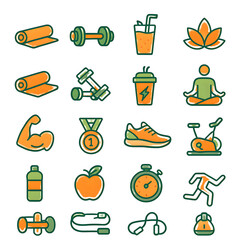 Collection vibrant orange green fitness icons, including yoga, gym equipment, healthy food symbols. Perfect fitness apps, websites, blog posts.