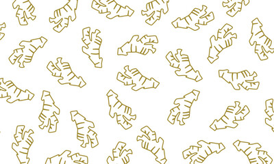 Naklejka premium Seamless ginger root pattern created in hand drawn outline style. Vector illustration suitable for textile design, food packaging, wrapping paper, and kitchen wallpaper