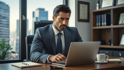  Mature professional businessman sitting at desk using laptop, analyzing complex financial data in corporate office