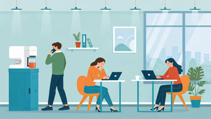 Diverse professionals working diligently in a bright, modern co-working office space with a cityscape view. Emphasizes productivity, teamwork, and a dynamic business environment.