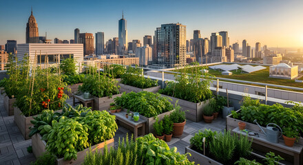 Fototapeta premium Urban Oasis A Sustainable Lifestyle Flourishes on a Rooftop Garden with a City Skyline Backdrop