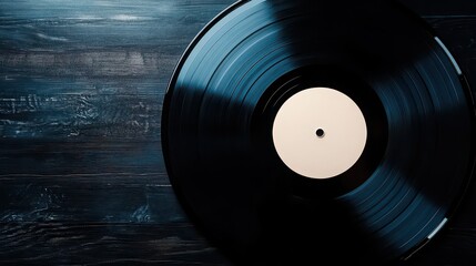 A vinyl record with a blank label on a dark wooden surface in a low light studio setting