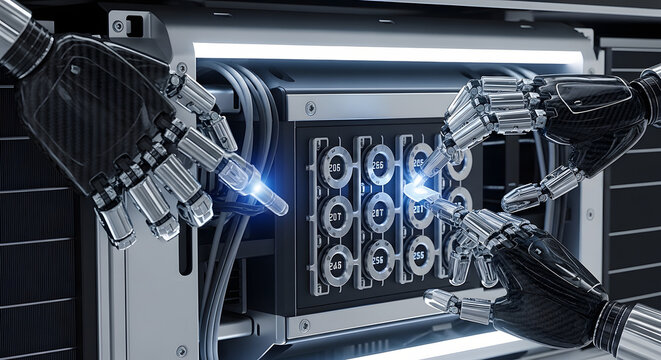 Robotic arms precisely assemble a complex electronic component, showcasing advanced automation and intricate technological integration.