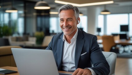 Mature professional executive smiling while joining video conference call, using laptop with earbuds in hybrid office