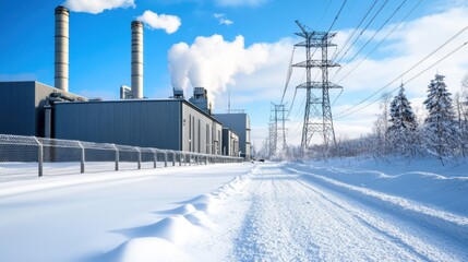 Industrial Power Plant with Snowy Landscape and Blue Sky in Winter Season