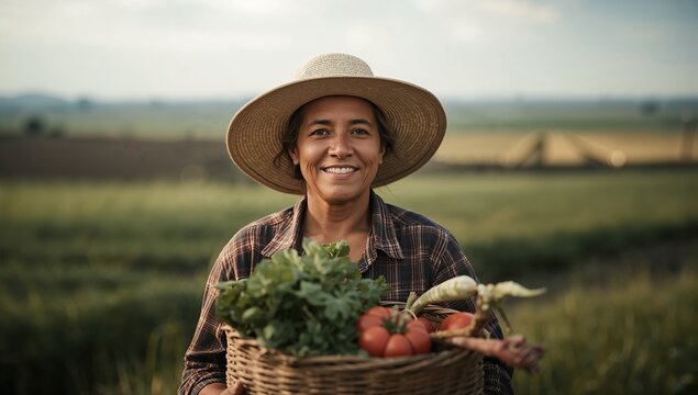 Happy farmer wearing the straw hat holds a basket of fresh vegetables including tomatoes and greens while standing within a rural field under soft afternoon sunlight