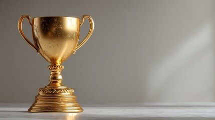 Golden trophy with minimal design on clean surface and blank background, representing success, achievement, excellence, victory, award and recognition, symbol of motivation and inspiration.