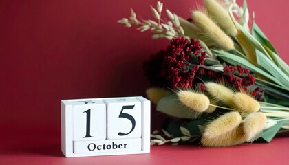 A white calendar block marked “15 October” sits against a red backdrop, framed by dried ornamental grasses—evoking seasonal change, quiet celebration, and the poetic weight of a marked date.