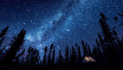 Night sky over a forest with a tent