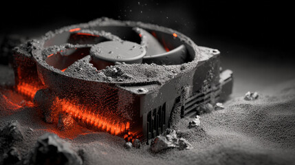 dust-clogged fan beside overheating heatsink glowing red fins maintenance needed scene illustration concept scene visual for commercial design use high detail quality stock image illustration concept 