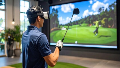 VR Golf Experience: A person immersed in a virtual reality golf simulator, holding a club and poised to take a swing on a meticulously designed course within the virtual realm.