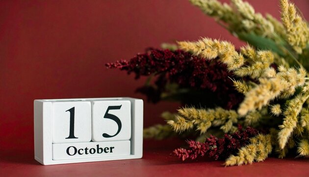 A white calendar block marked “15 October” sits against a red backdrop, framed by dried ornamental grasses—evoking seasonal change, quiet celebration, and the poetic weight of a marked date.
