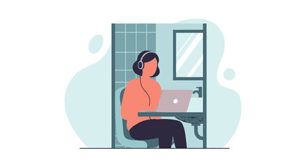 Woman with headphones focused on laptop in a stylized private setting, representing remote work, online learning, or digital lifestyle. Ideal for technology and business themes.